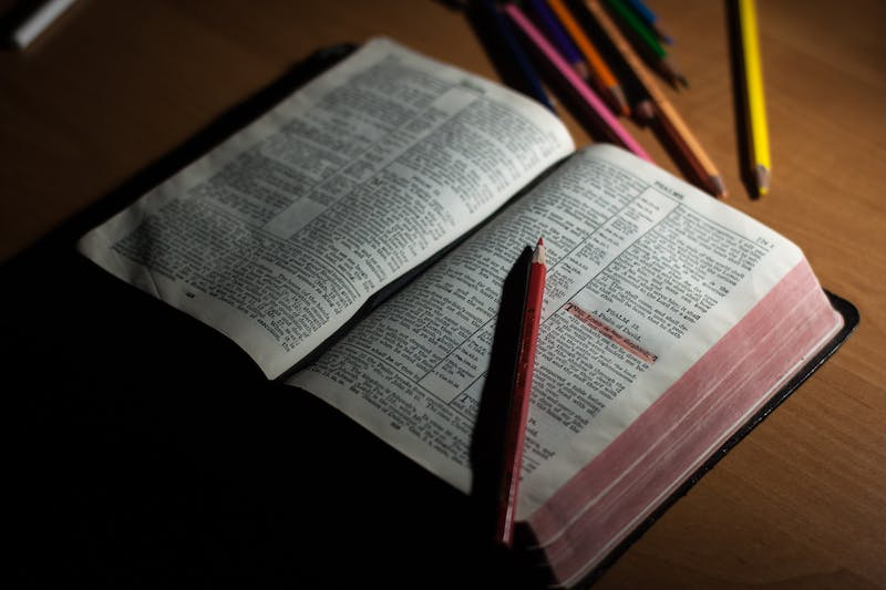 An open bible displaying Psalm 23. A red pencil crayon is resting on the bible and has been used to highlight 'The Lord's my shepherd'