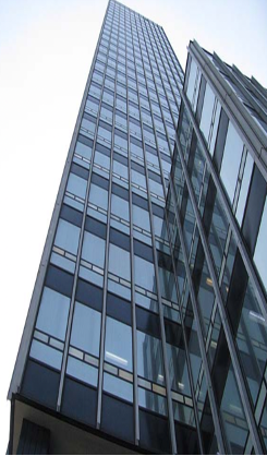 A photograph of the CIS tower in Manchester, taken from the bottom looking upwards