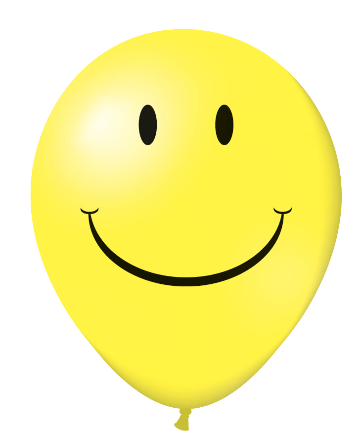 A round, yellow balloon with a smiley face