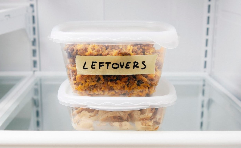 A box of leftovers in the fridge.