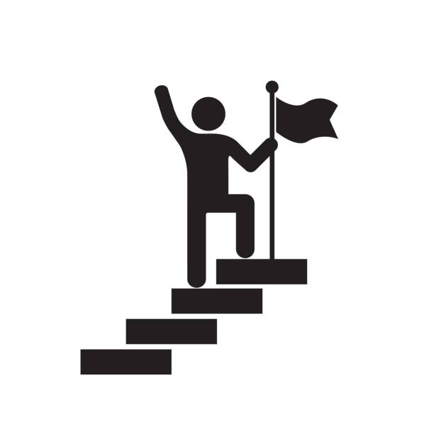 A black and white cartoon of a person at the top of steps. At the top of the steps is a flag. The person is holding the flag and the other arm is lifted into the air.