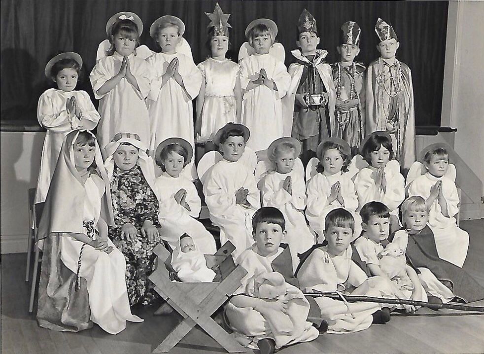 Black and white image of a school nativity from history