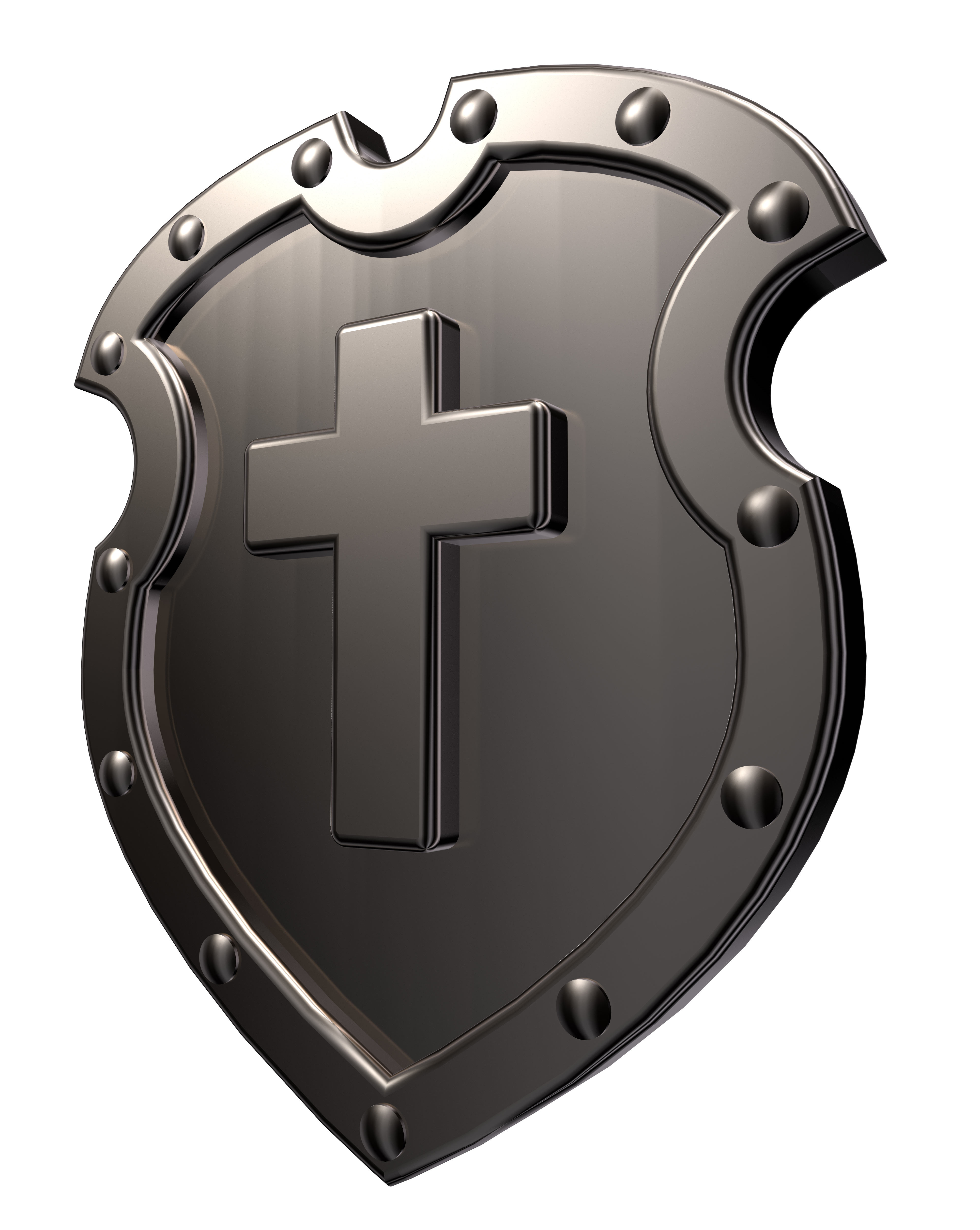 A metal shield shape with a cross on it