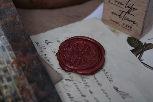 An old wax seal on a piece of parchment.