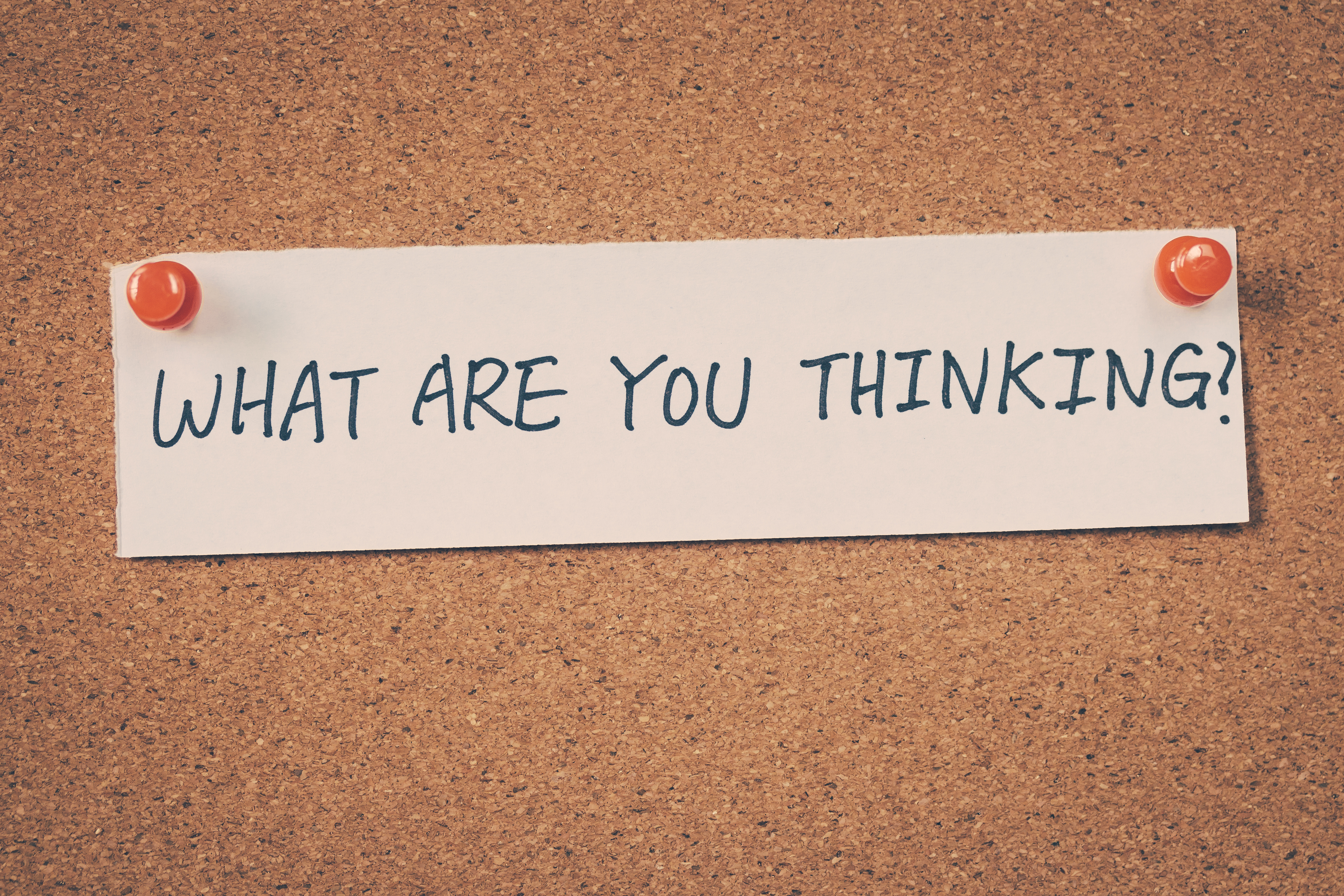 A cork board with paper pinned to it. The paper reads 'what are you thinking?'